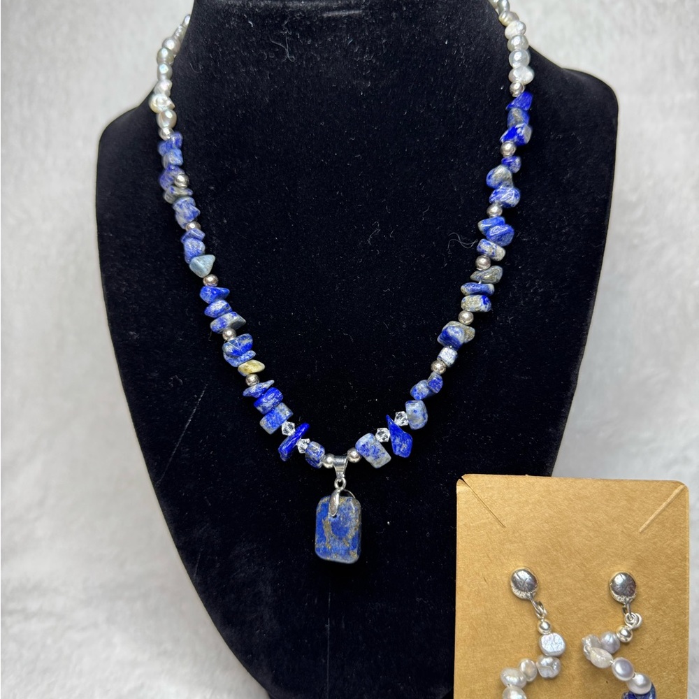 Lapis Blue Chunky Necklace…Sterling Silver, Swarovski Crystals & Rice Pearls